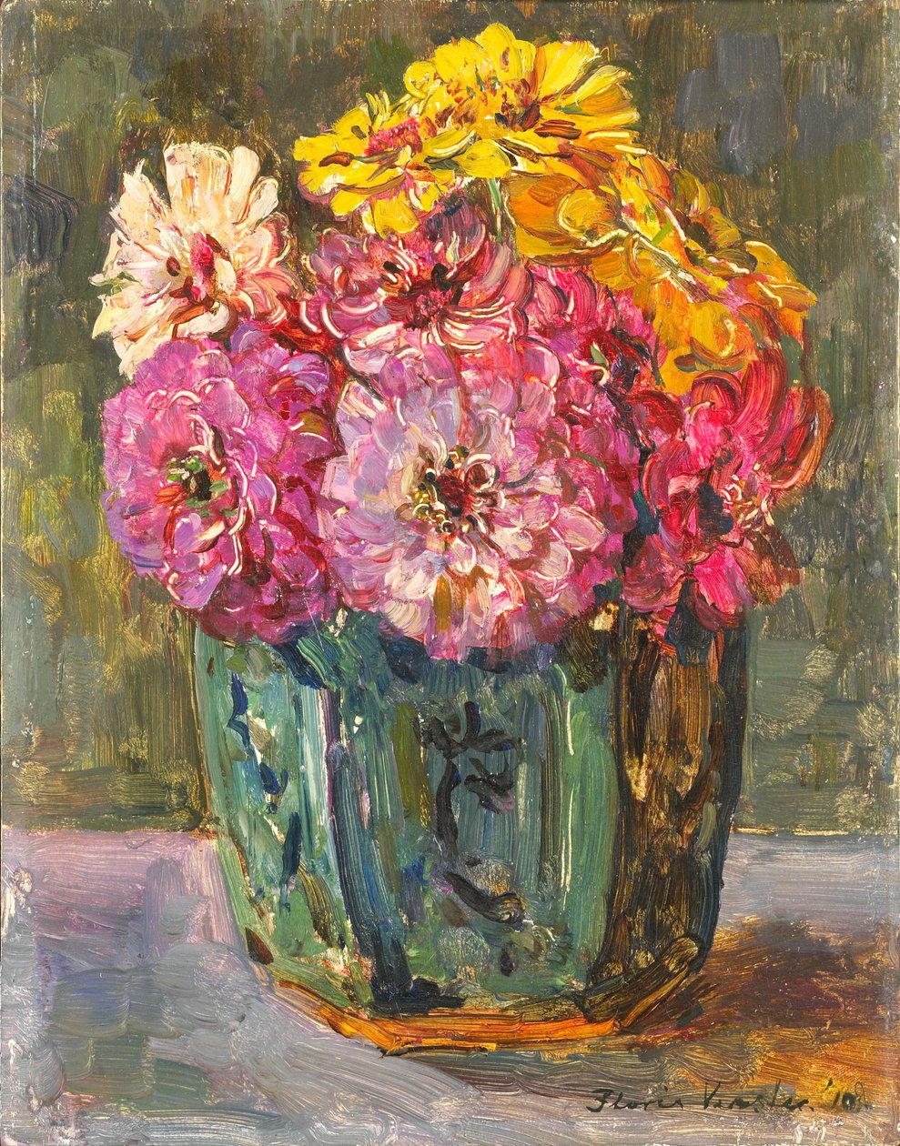 Stillife zinnioiden kanssa inkivääriruukussa. tekijältä Floris Verster
