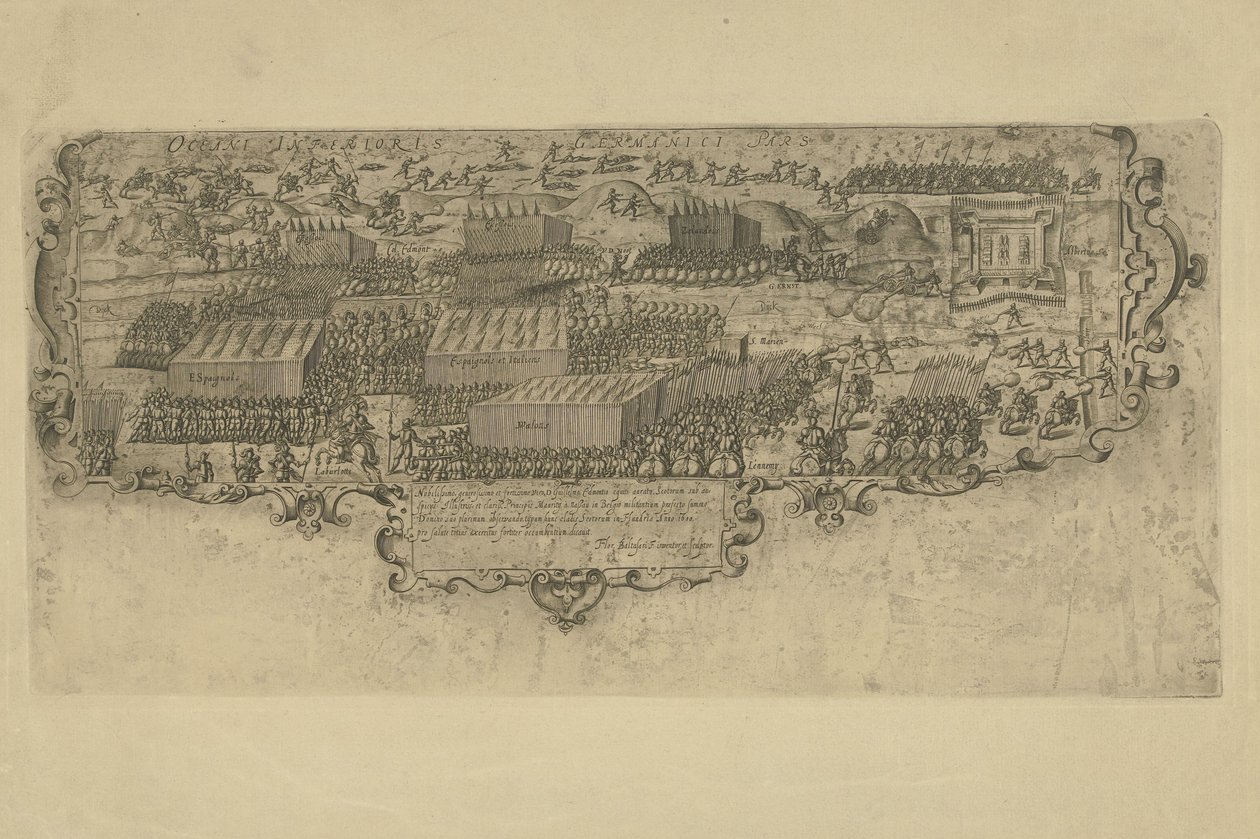 Leffingedijkin taistelu Nassaun Ernst Casimirin ja Itävallan Albrechtin espanjalaisten joukkojen välillä, 1600 tekijältä Floris Balthasarsz. van Berckenrode