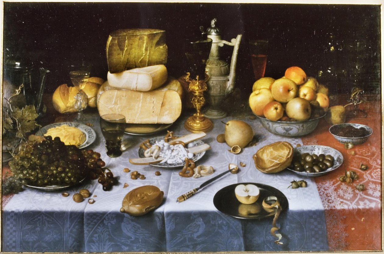 Dutch: Still life with fruit, cheese, bread and wine Laid Table with Cheese and Fruit (aseteltu pöytä, jossa juustoa ja hedelmiä) tekijältä Floris van Dyck