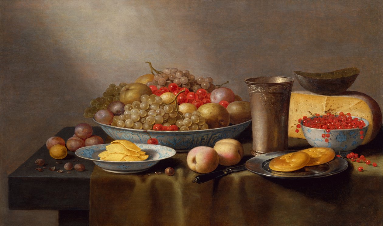 Asetelma hedelmien, juuston, leivän ja pikarin kanssa (öljy paneelissa) tekijältä Floris Gerritsz van Schooten