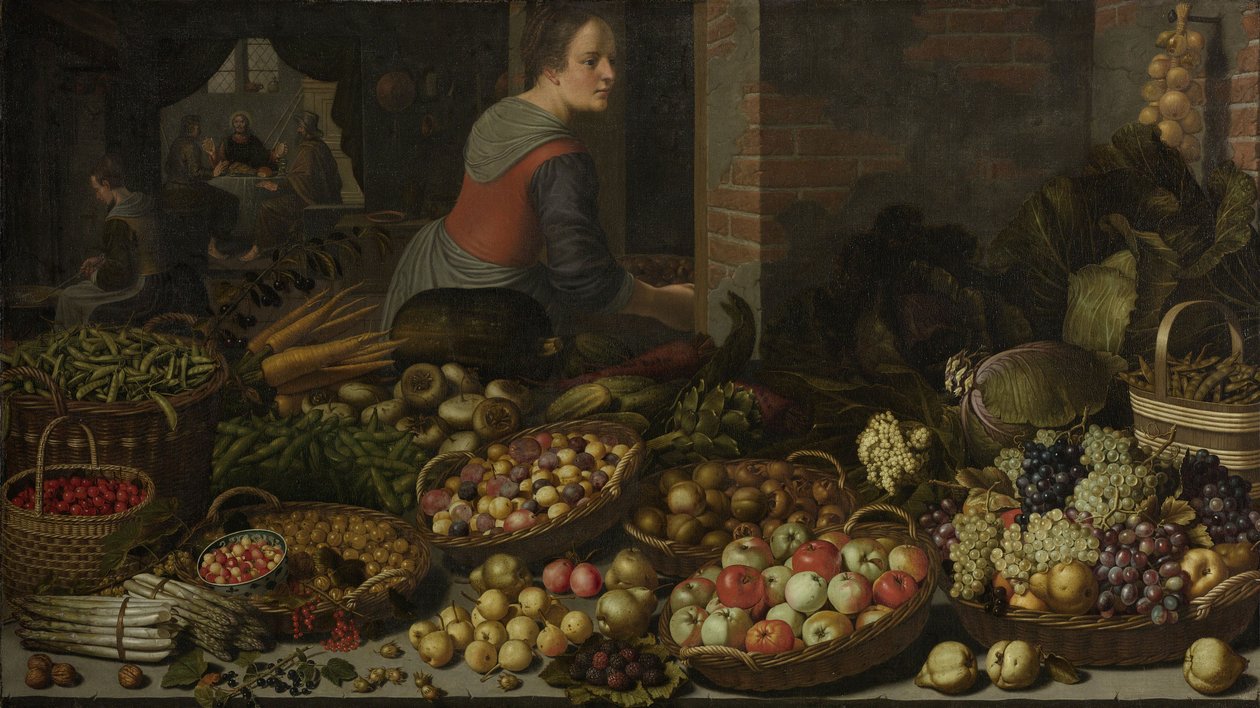 Asetelma hedelmien ja vihannesten kanssa, taustalla Kristus Emmauksessa, n. 1630 tekijältä Floris Gerritsz van Schooten