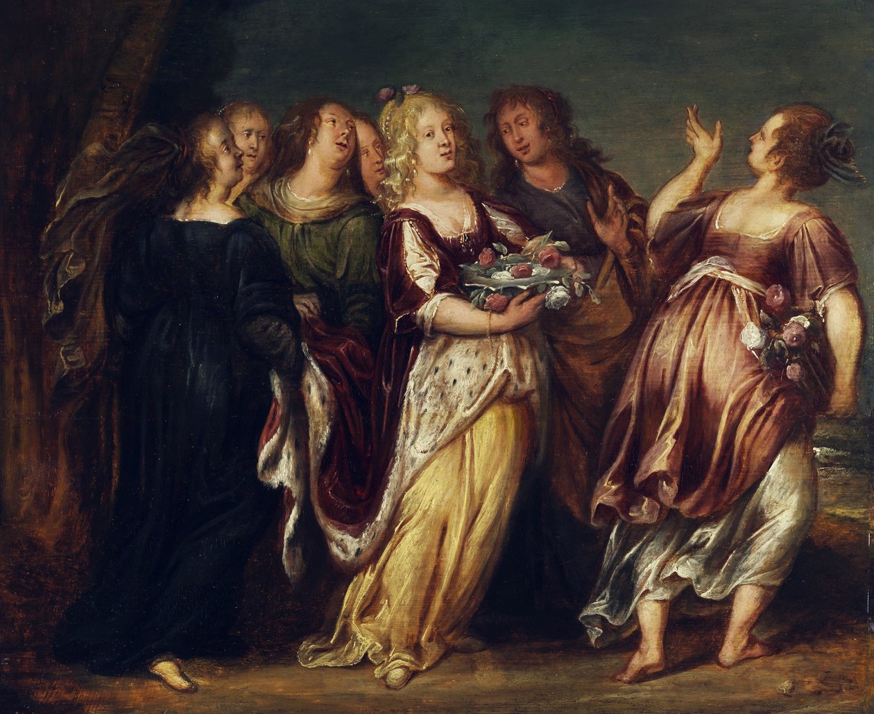 Junge Herrscherin im Gefolge von sechs Mädchen, eine Schale mit Blumen tragend tekijältä Follower of Abraham Janssens
