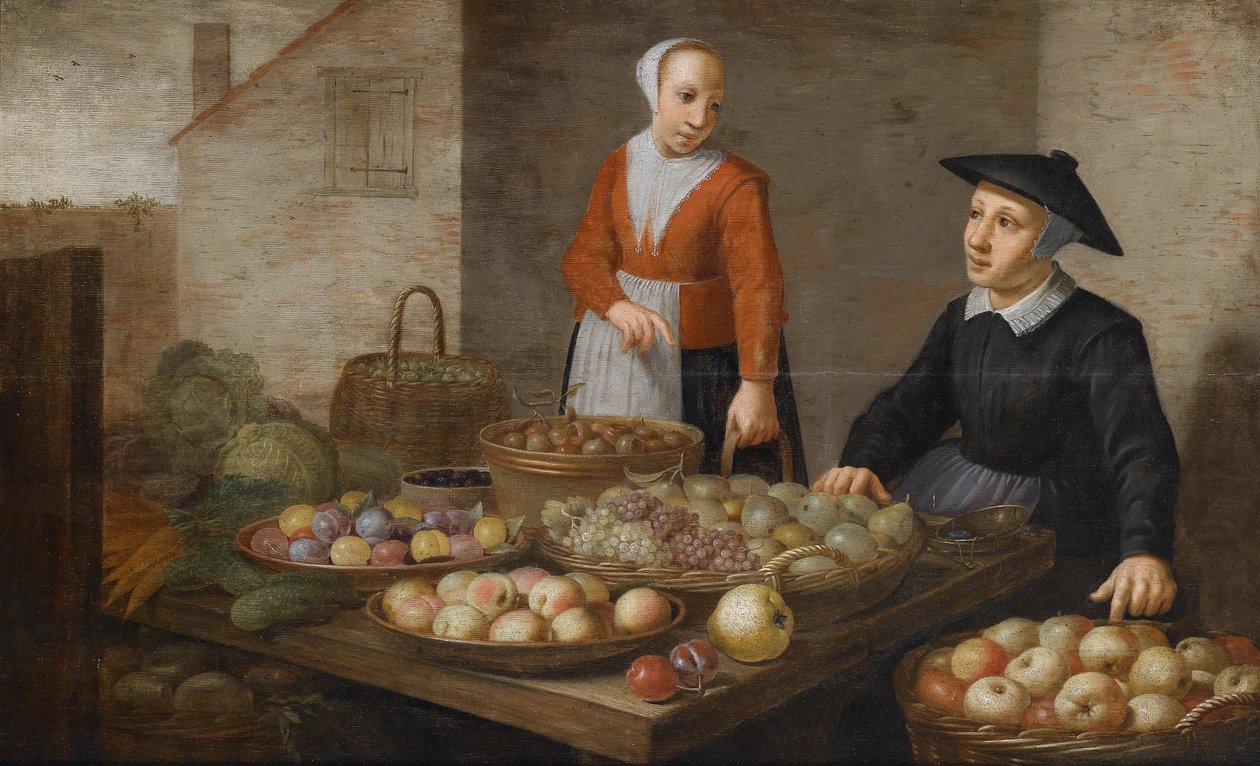 Marktszene mit zwei Obst- und Gemüseverkäuferinnen tekijältä Follower of Floris van Schooten