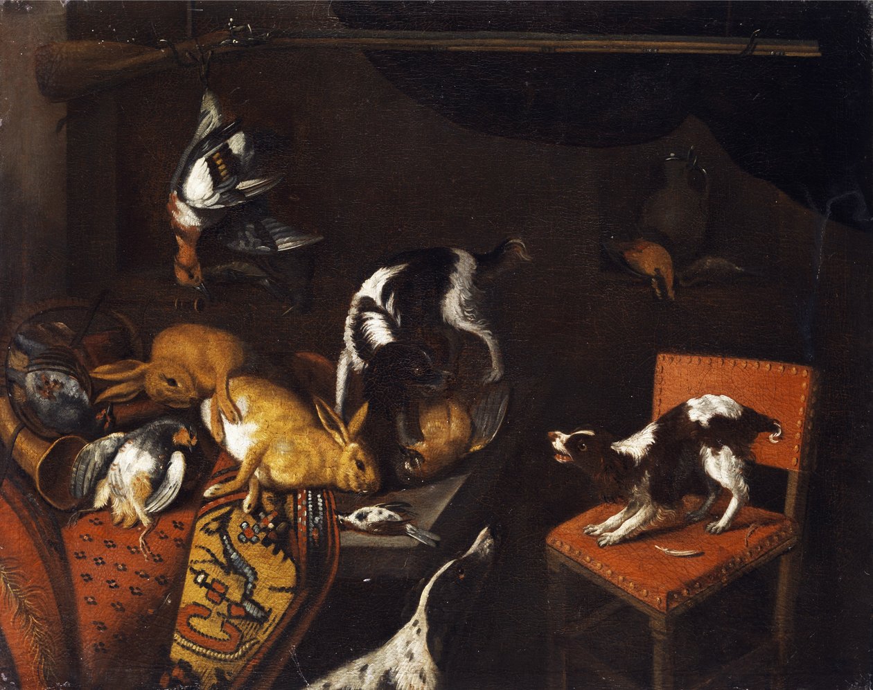 Asetelma kuolleiden jäniksien ja lintujen kanssa, nojatuoli, ajokoirat, metsästysase tekijältä Follower of Frans Snyders