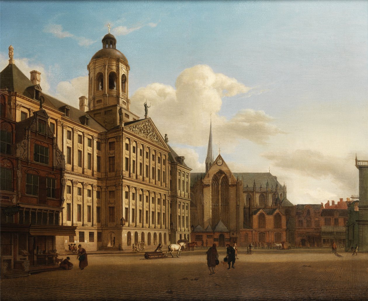 Näkymä padolle ja kaupungintalolle Amsterdamissa tekijältä Jan van der Heyden