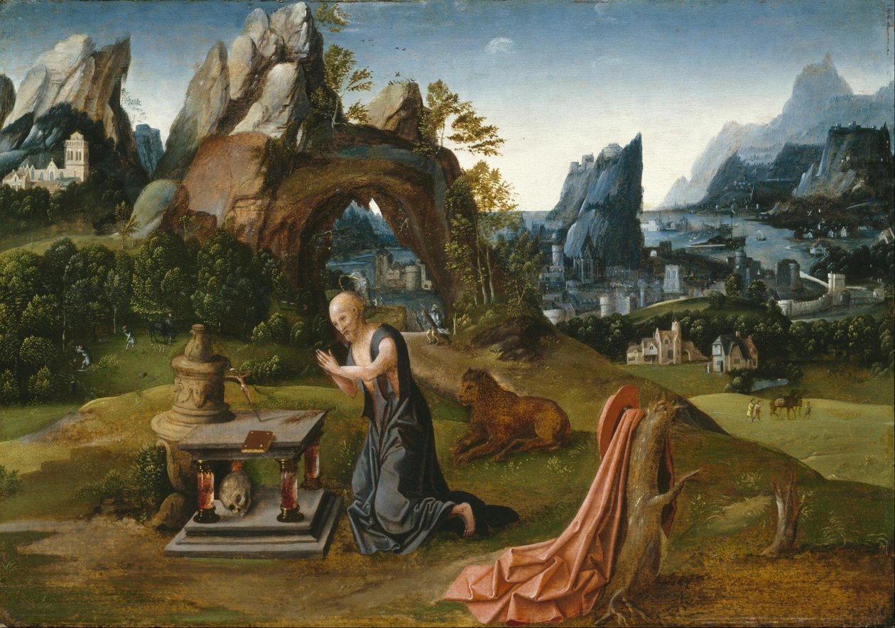 Pyhä Hieronymus rukoilee maisemassa tekijältä Follower of Joachim Patinir