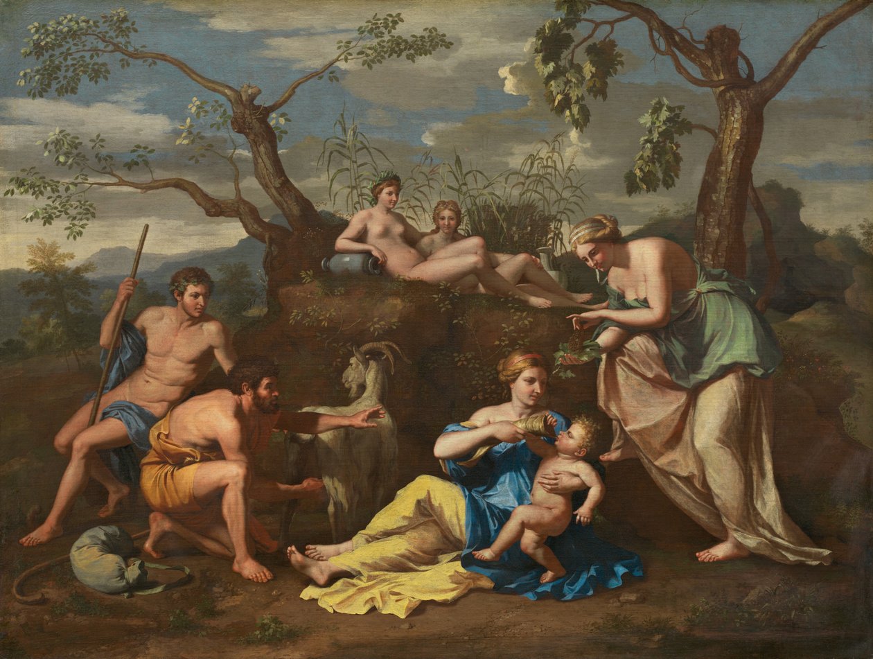 Nymfit ruokkivat lasta Jupiteria tekijältä Follower of Nicolas Poussin
