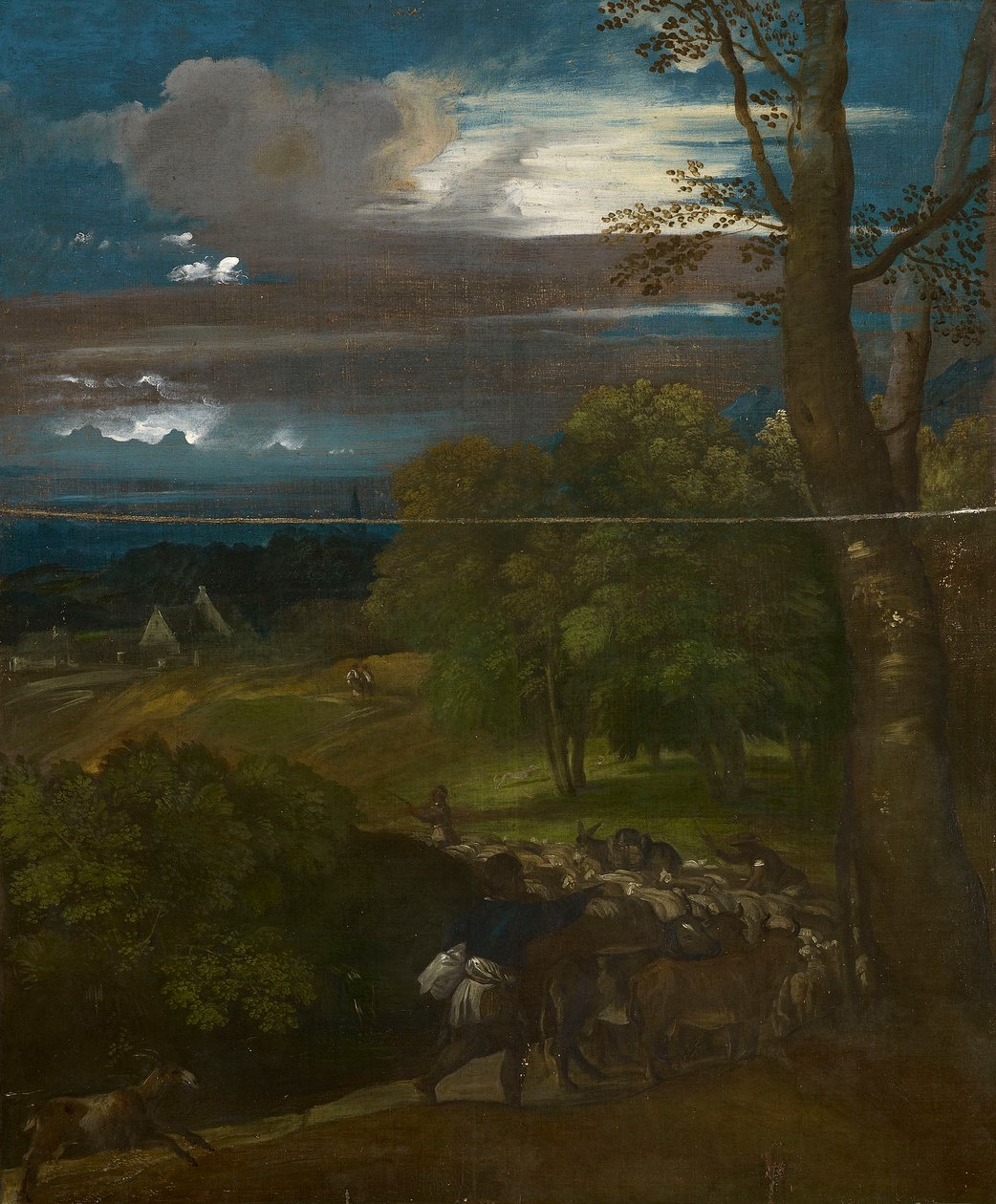 Maisema, jossa on paimenia ja laumoja tekijältä Follower of Titian