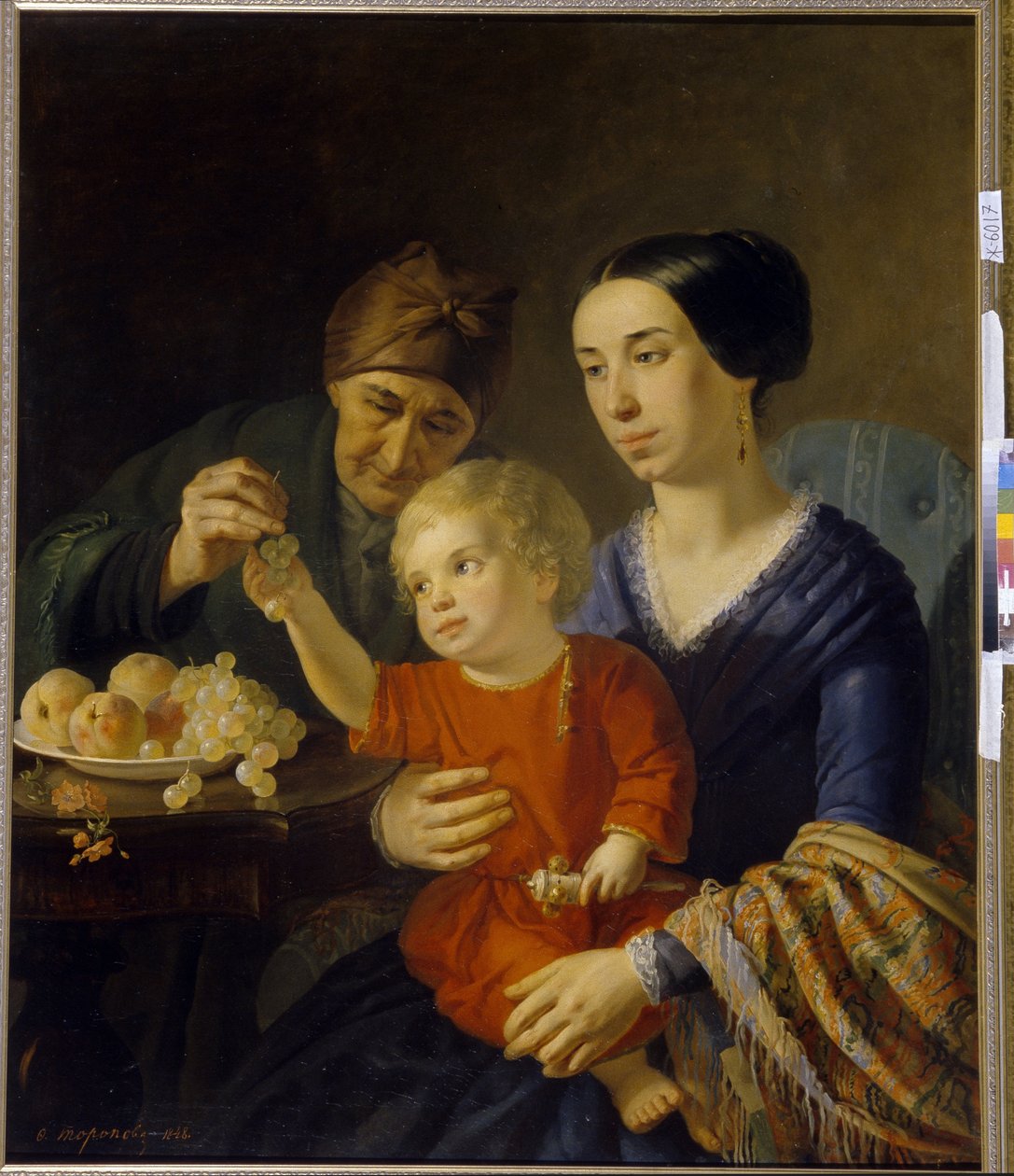 Perhekuva. Helistiä pitelevä vauva äitinsä sylissä saa isoäitinsä antamia viinirypäleitä. Foma Gavrilovich Toropovin (1821-1898) maalaus öljy kankaalle tekijältä Foma Gavrilovich Toropov