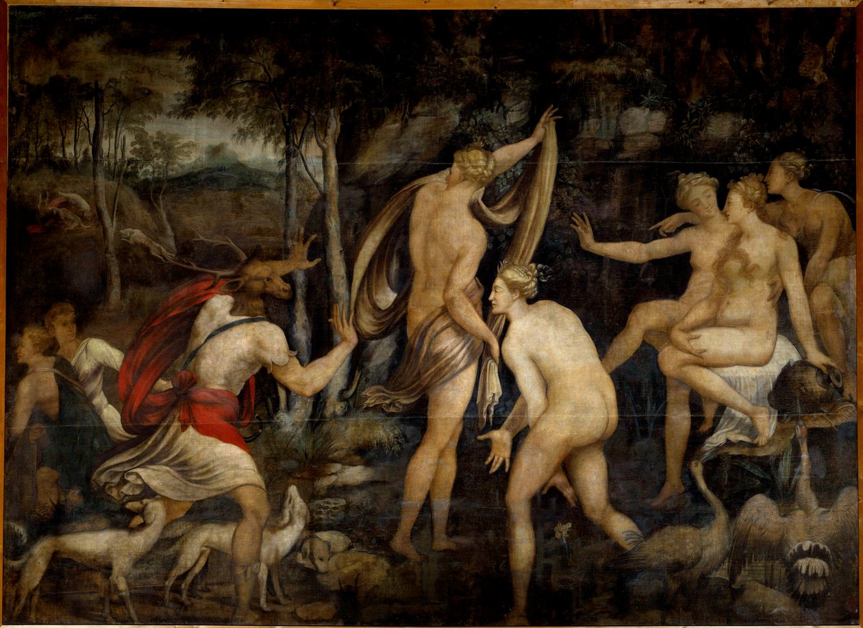 Diane (Artemis), metsästyksen jumalatar, ja Acteon, metsästäjä, Fontainebleaun koulun maalaus (1500-luku). Mitat 2,65 x 3,67 m tekijältä Fontainebleau School