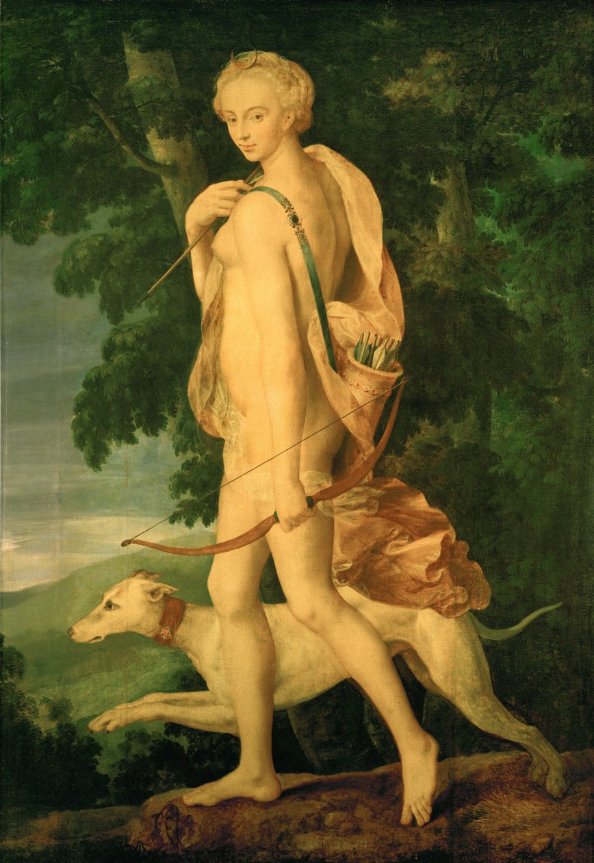Diane chasseresse - Dianan metsästys. Diana on Diane de Poitiers. Maalaus on saanut inspiraationsa Primaticcion pronssista ... tekijältä Fontainebleau School