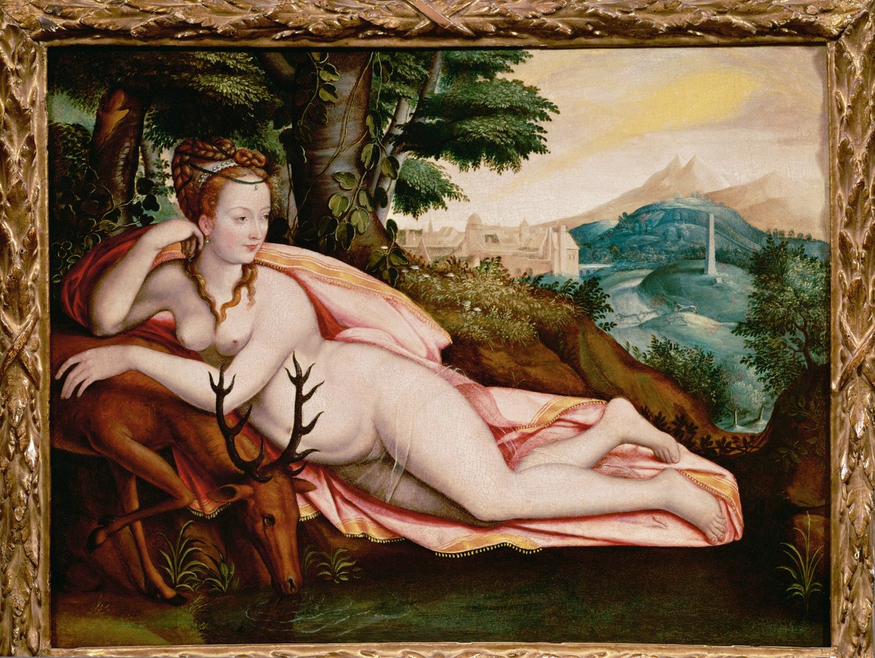 Diane de Poitiers, Ranskan kuninkaan Henrik II:n rakastajatar, jumalattarena Diana (maalaus kankaalle) tekijältä Fontainebleau School