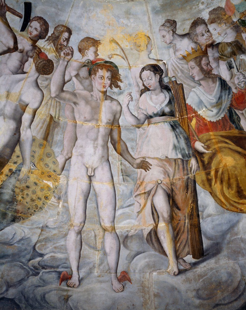 Merkurius, jumalien ja psyyken sanansaattaja, Janus oikealla, freskoja Liguen kullatussa tornissa, Fontainebleaun koulu, Tanlayn linna (1500-1600-luku), Burgundy, Ranska tekijältä Fontainebleau School
