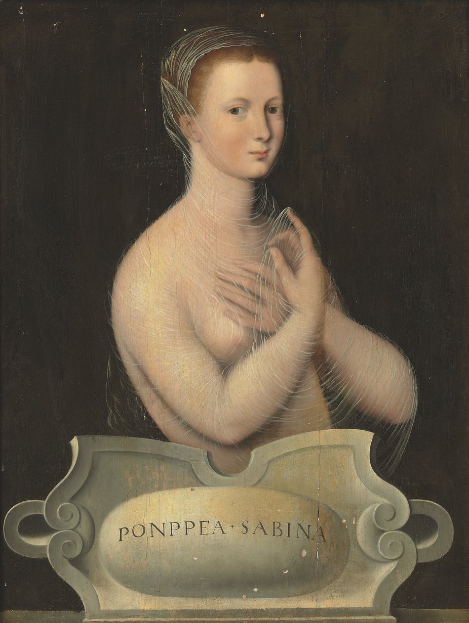 Poppaea Sabinan muotokuva, puolipitkä, läpinäkyvässä hunnussa, kivikartussien edessä (öljy paneelille) tekijältä Fontainebleau School