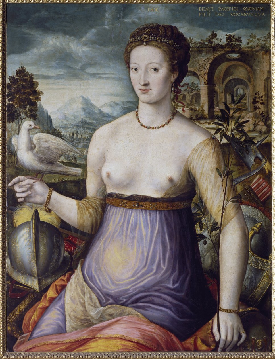 Allegoria rauhasta eli Diane de Poitiers kyyhkystä pitelevä Valentinois herttuattaren Diane de Poitiersin (1499-1566) muotokuva, Ranskan kuninkaan Henrik II:n suosikki. Fontainebleaun koulun maalaus, XVI vuosisata. Firenze, Museo Nazionale del Bargel tekijältä Fontainebleau School