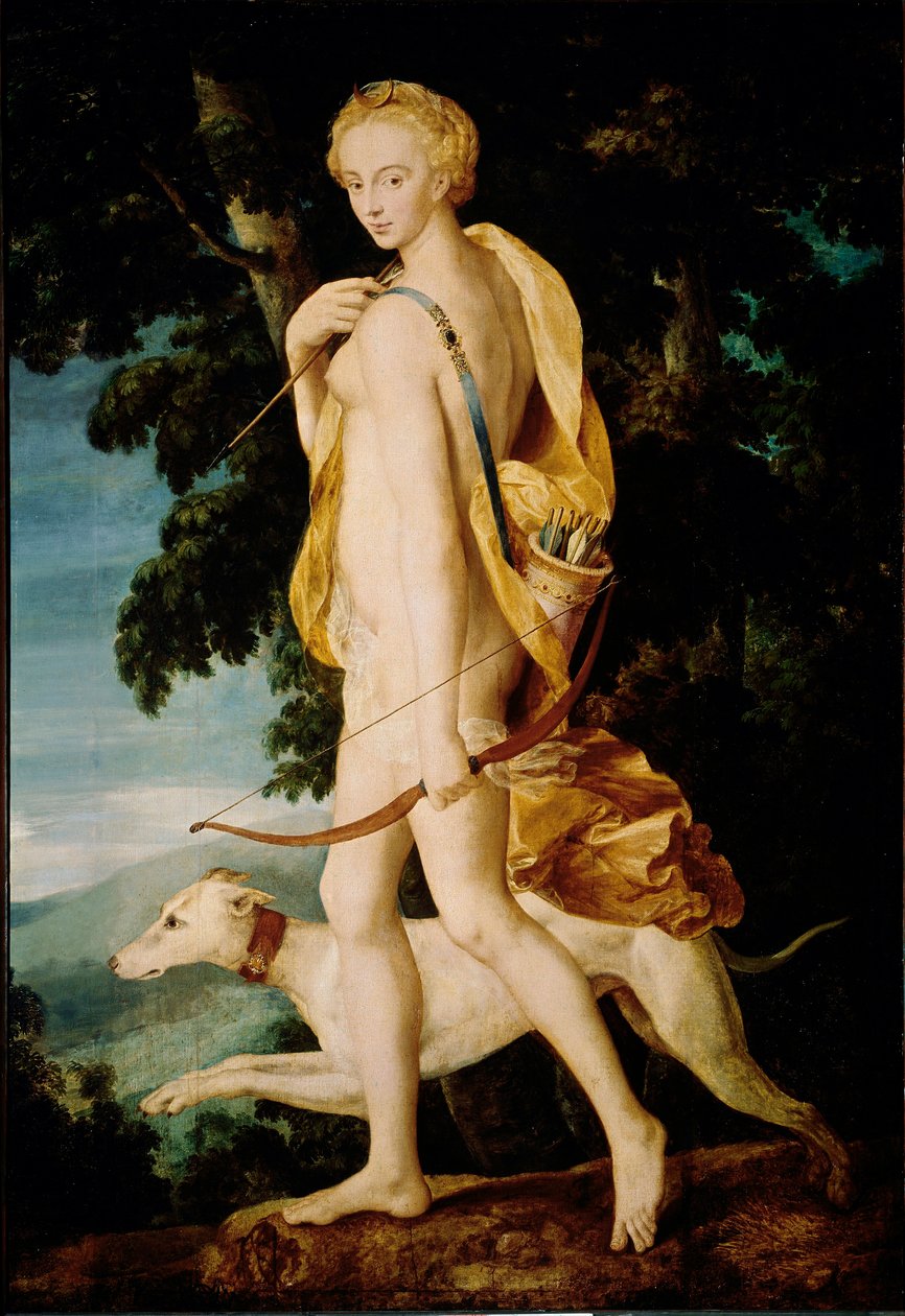 Jousella olevan jumalattaren mukana on koira. Fontainebleaun koulun maalaus. 1500-luvun aurinko. 1,91 x 1,32 m Pariisi, Musee du Louvre tekijältä Fontainebleau School