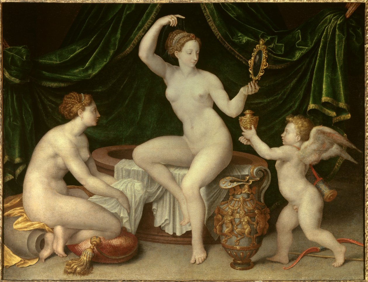 Venuksella on wc-maalaus Fontainebleaun koulusta. 16. vuosisata. Himmeä. 0,97 x 1,26 m - Venuksen wc. Fontainebleaun koulu. 1500-luku. 0,97 x 1,26 m. Louvre-museo, Pariisi tekijältä Fontainebleau School