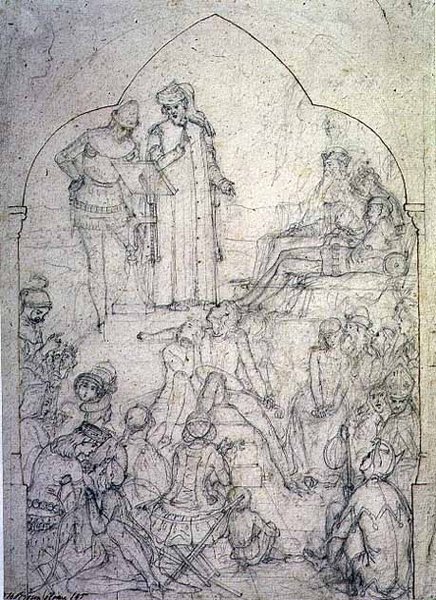 Chaucer Edward III:n tuomioistuimessa - Tutkimus, 1845 tekijältä Ford Madox Brown