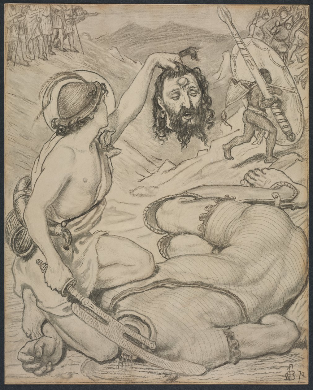 David ja Goljat, sarjakuva lasimaalauksille Jesus Collegessa, Cambridgessa tekijältä Ford Madox Brown