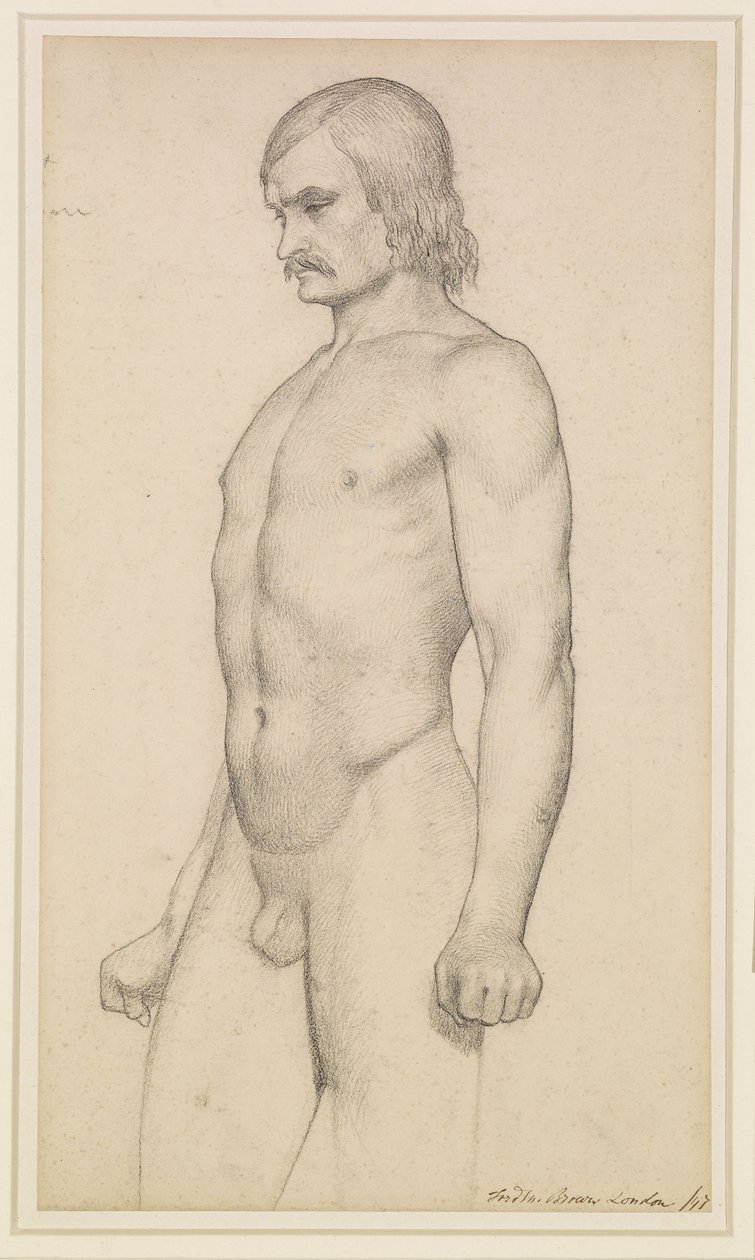 Male Nude - Academic Study, kolmen neljäsosan pituinen alaston, viikset ja puristetut nyrkit tekijältä Ford Madox Brown