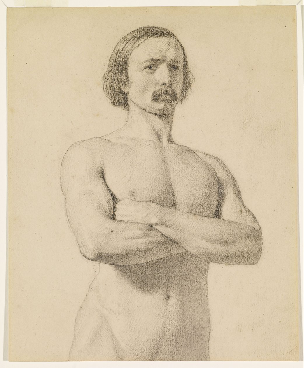 Male Nude - Akateeminen alastonkuva, puolipitkä, viikset ja kädet taitettuna tekijältä Ford Madox Brown