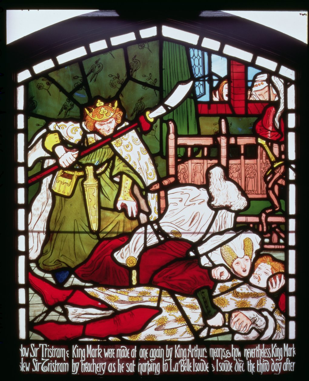 Sir Tristanin kuolema, elokuvasta The Story of Tristan and Isolde, William Morris und Co. (lasimaalaus) tekijältä Ford Madox Brown