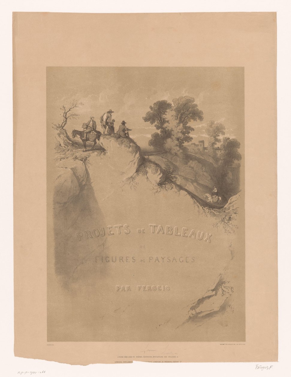 Otsikkoprintti kalliomaisemalla ja matkailijoilla rotkon varrella Férogion maisema- ja hahmotutkimukset (sarjan nimi) Projets de tableaux de figures et paysages, par Férogio (sarjan nimi esineellä) tekijältä Fortuné Ferogio