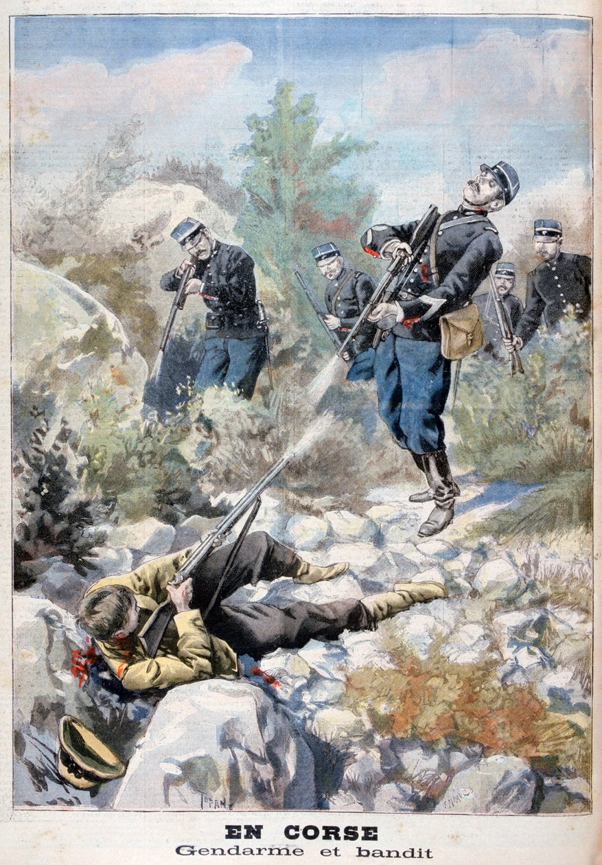 Asetaistelu rosvon ja santarmijoukon välillä, Korsika, 1898 tekijältä Fortuné Méaulle