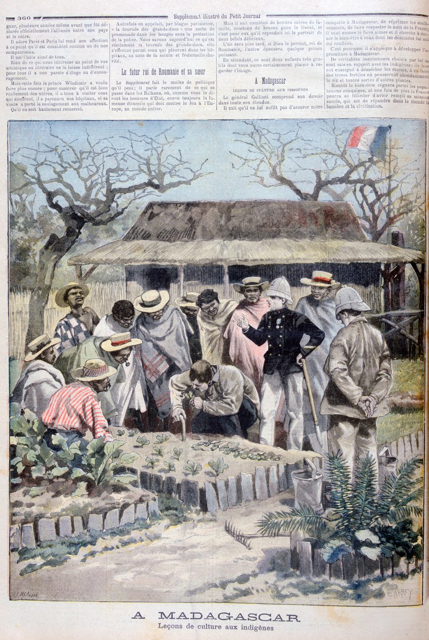 Maatalouden oppitunti Madagaskarin alkuperäiskansoille, 1897 tekijältä Fortuné Méaulle