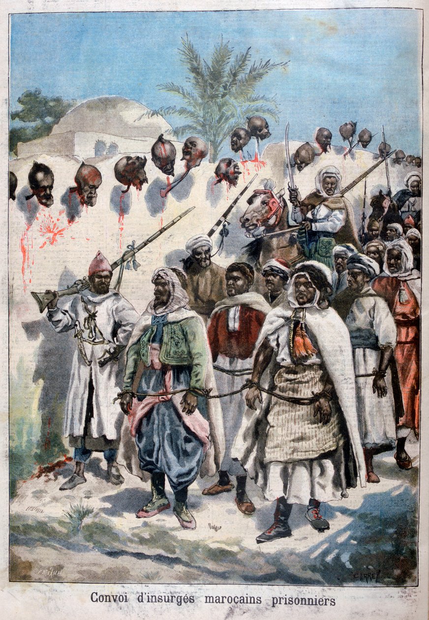 Sulttaani Abdul-Hafizsin armeijan Tadlassa vangiksi ottamien kapinallisten marokkolaisten pylväs, 1897. tekijältä Fortuné Méaulle