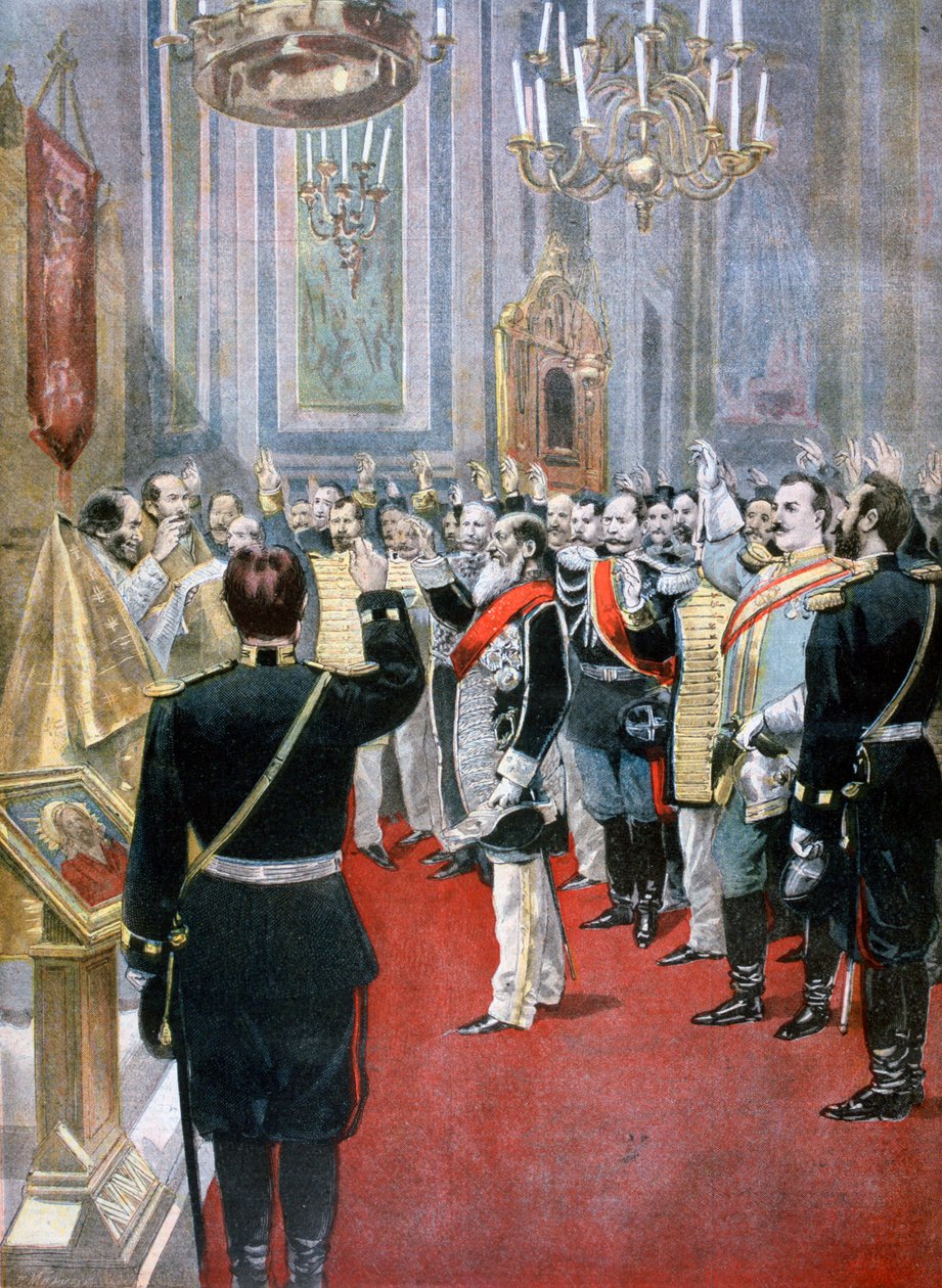 Uskollisuusvalan vannominen tsaari Nikolai II:lle, Venäjän kirkko Pariisissa, 1894 tekijältä Fortuné Méaulle