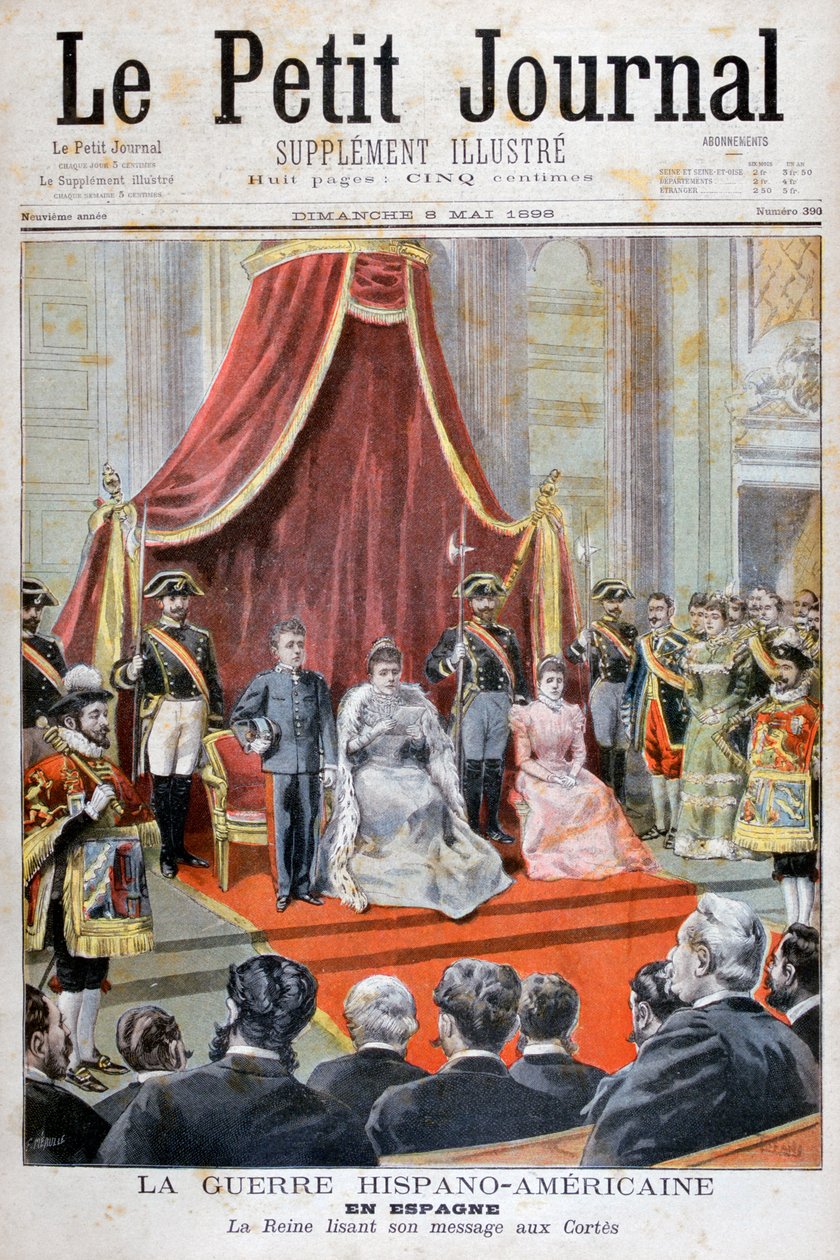 Espanjan kuningatar pitämässä puhetta, Espanjan ja Amerikan sota, 1898 tekijältä Fortuné Méaulle