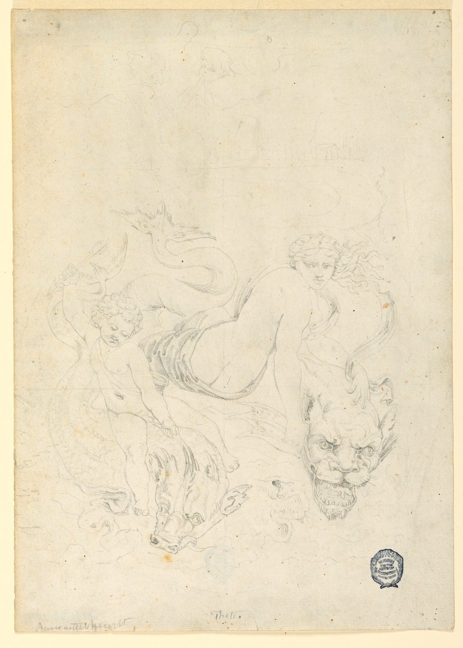 Piirros, Thetis ja Amor ratsastamassa kalalla, n. 1820. tekijältä Fortunato Duranti