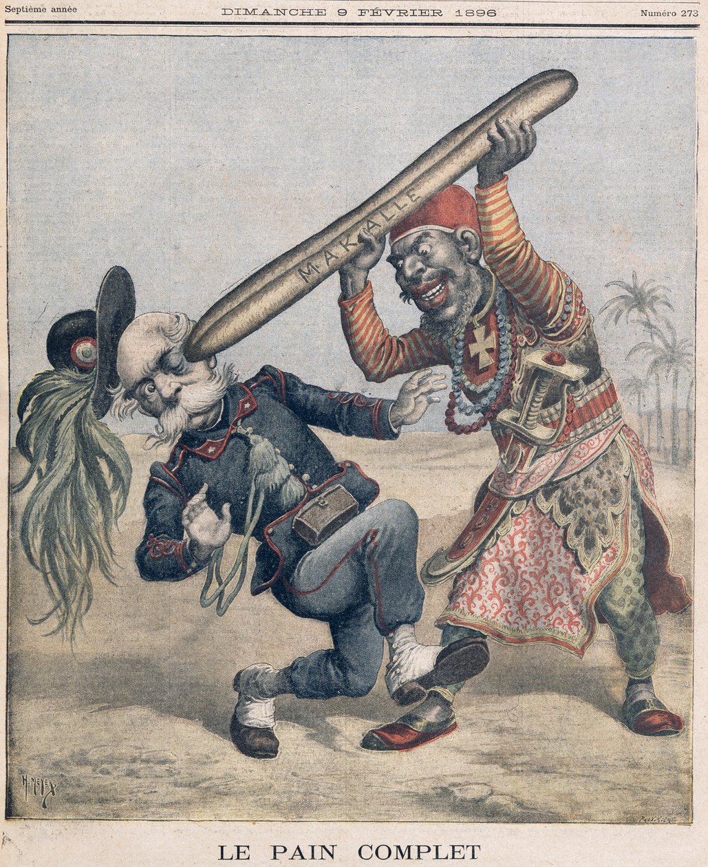 Francesco Crispin (1818-1901) karikatyyri ja italialaisen hyökkäävän armeijan tappio Makallen piirityksessä Etiopiassa. Le Petit Journalin kansi, 9. helmikuuta 1896 tekijältä Fortune Louis Meaulle and Henri Meyer