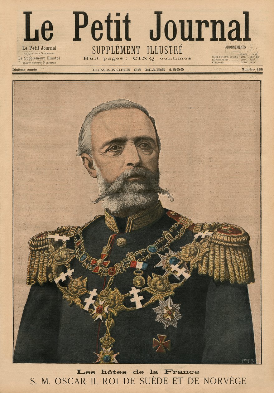 Ranskalaiset juontajat: Hänen Majesteettinsa Oscar II, Ruotsin ja Norjan kuningas, "Le Petit Journal" -lehden etukannen kuvitus, liite illustre, 26. maaliskuuta 1899 (coulour litho) tekijältä Fortune Louis Meaulle and Henri Meyer