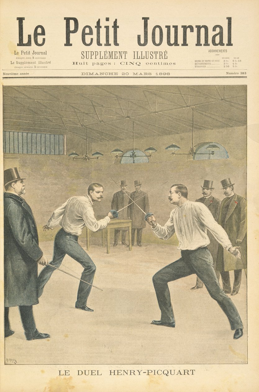 Nimisivu, joka kuvaa Henry-Picquartin kaksintaistelua, vastustavia upseereita Dreyfusin tapauksen aikana, kuva Le Petit Journalin kuvitetusta liitteestä, 20. maaliskuuta 1898 tekijältä Fortune Louis Meaulle and Henri Meyer