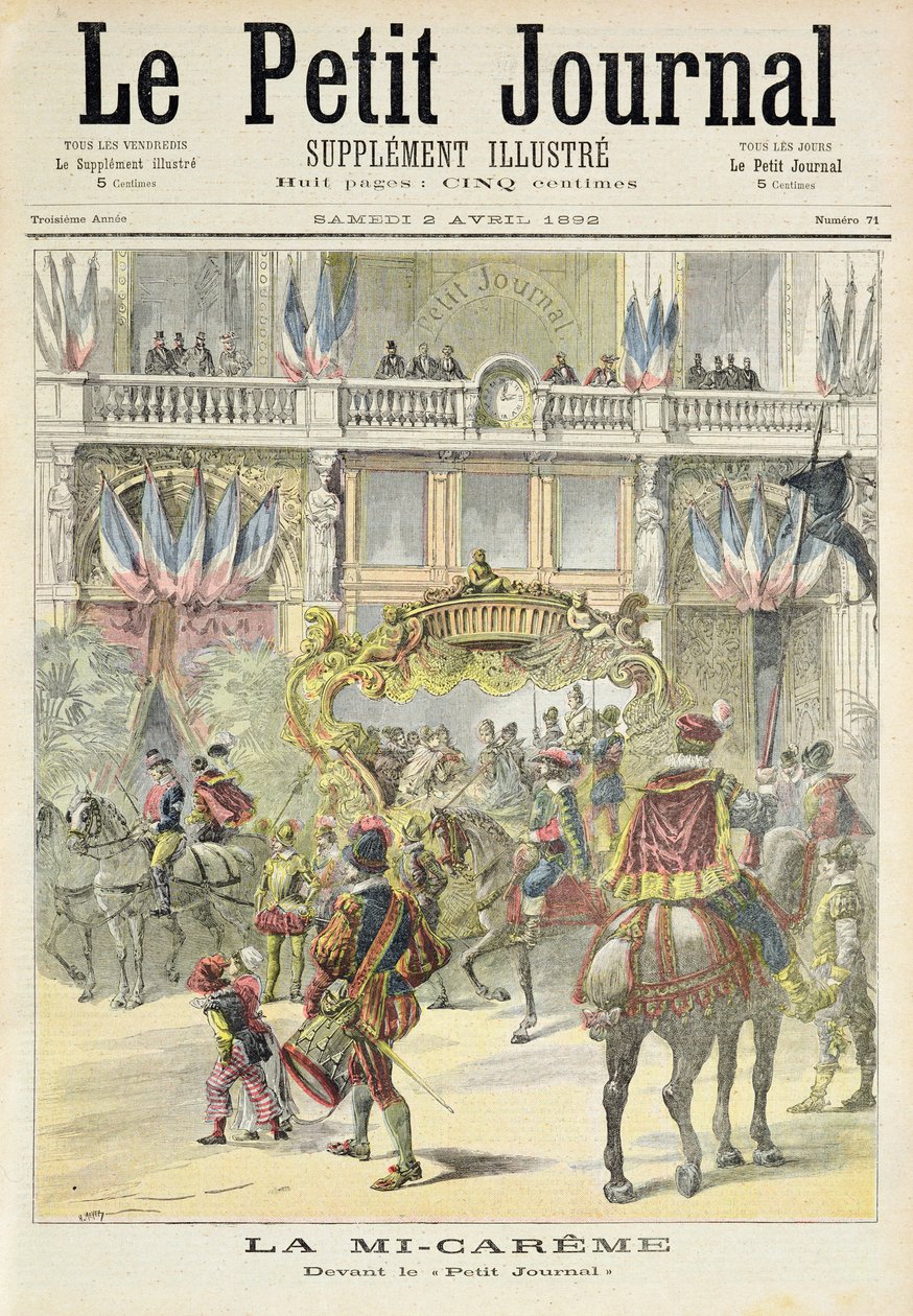 Otsikkosivu, joka kuvaa keskipaaston paraatia Petit Journalin toimistojen edessä, kuva Le Petit Journalin kuvitetusta liitteestä, 2. huhtikuuta 1892 tekijältä Fortune Louis Meaulle and Henri Meyer