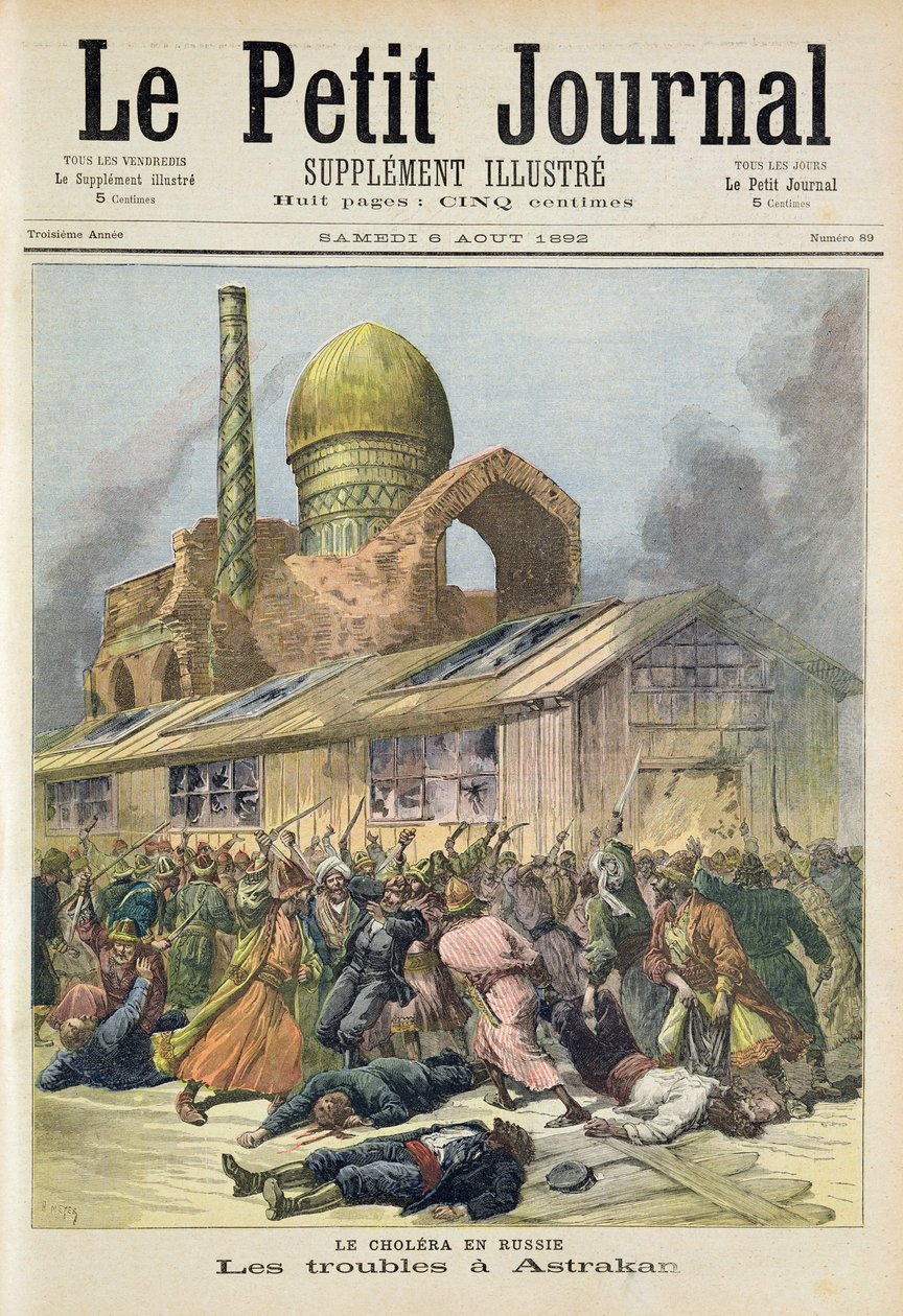 Nimiölehti, jossa kuvataan Astrakanissa esiintyviä ongelmia koleran aikana Venäjällä, kuvitus Le Petit Journal -lehden kuvaliitteestä, 6. elokuuta 1892. tekijältä Fortune Louis Meaulle and Henri Meyer