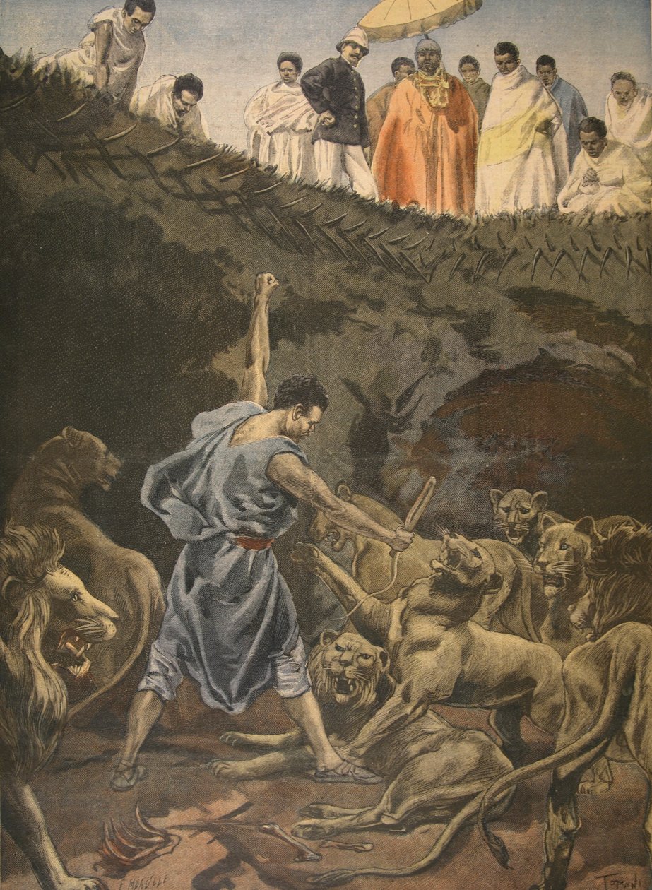 Menelickin lahja, kuvitus "Le Petit Journal: Supplement illustre" -lehdestä, 10. heinäkuuta 1898 tekijältä Fortune Louis Meaulle