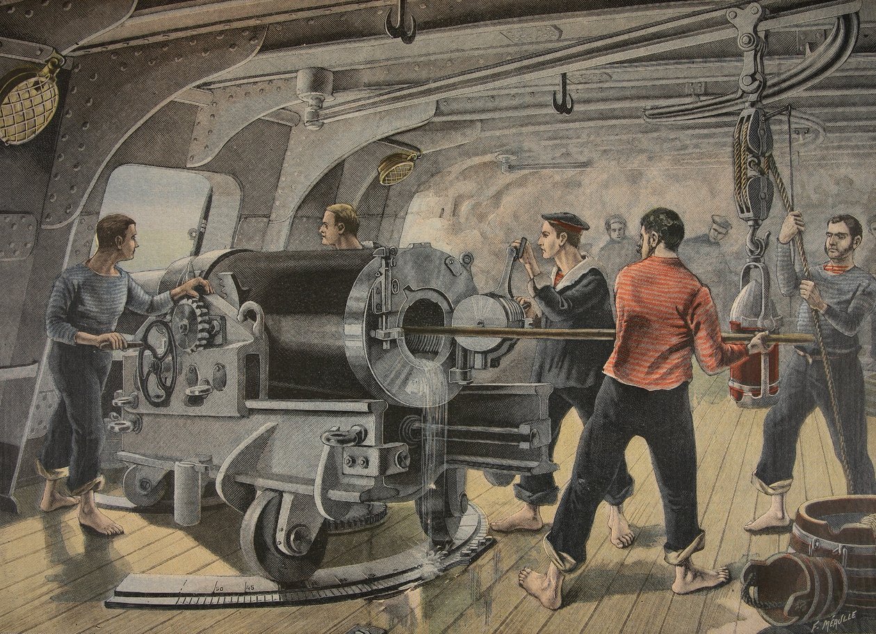 Espanjan merijalkaväen tykin ohjailu Santiagon edessä Kuubassa, kuva Le Petit Journal: Supplement illustre -lehdestä, 1898 tekijältä Fortune Louis Meaulle