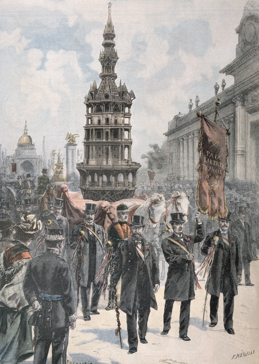 Kirvesmiesten mestarityön paraati ennen Grand Palaisia, kuvitus "Le Petit Parisienista", 1900 tekijältä Fortune Louis Meaulle