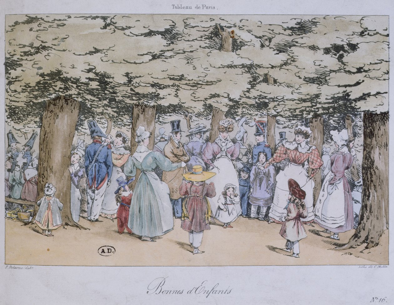 Lapset ja lastenhoitajat puistossa, Tableau de Paris -sarjasta, kaiverrus C. Motte, 1827 tekijältä Fortune Delarue