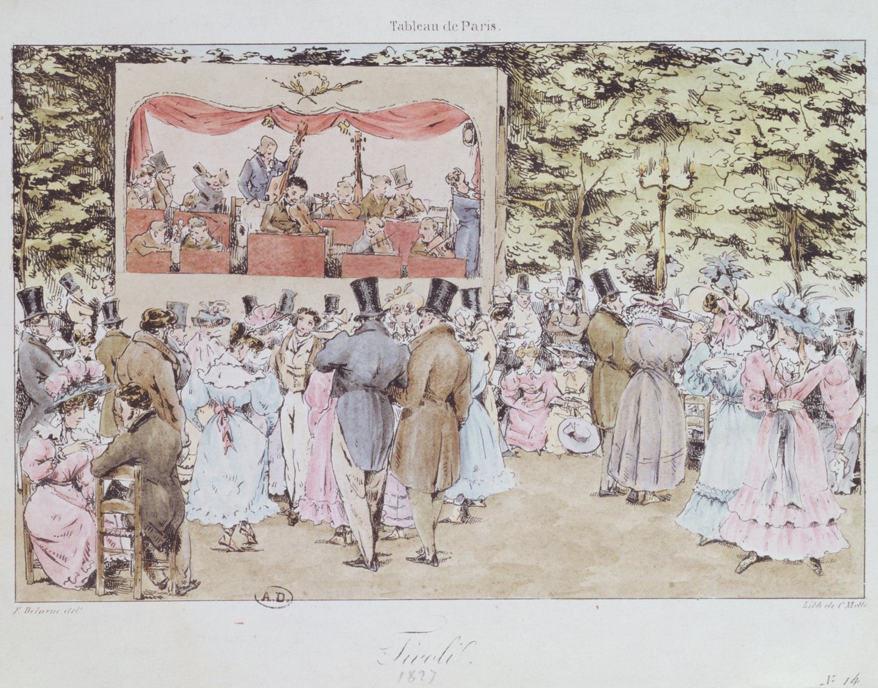 Musiikkiviihdettä New Tivoli Gardensissa Pariisissa, kaiverrus C. Motte, 1827 tekijältä Fortune Delarue