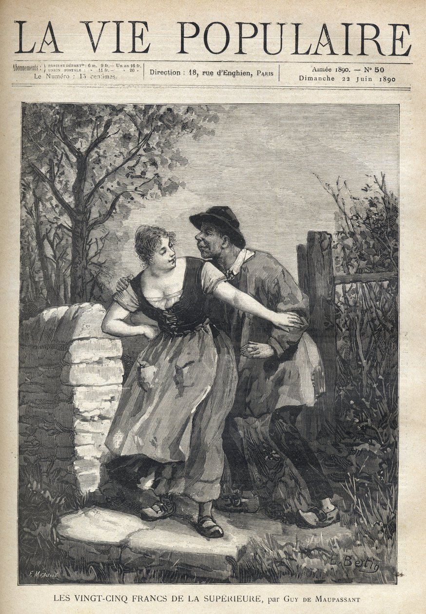 Pari talonpoikaa, mies puserossa ja kaviossa, hyppäsi nuoren naisen, joka työnsi hänet takaisin hymyillen ja kevyesti. E. Bertinin kuvitus Guy de Maupassantin (1850-1893) Les kaksikymmentäviisi frangia de la superieurelle. Kaiverrus Fortune Meaulle (184 tekijältä Fortune Louis Meaulle