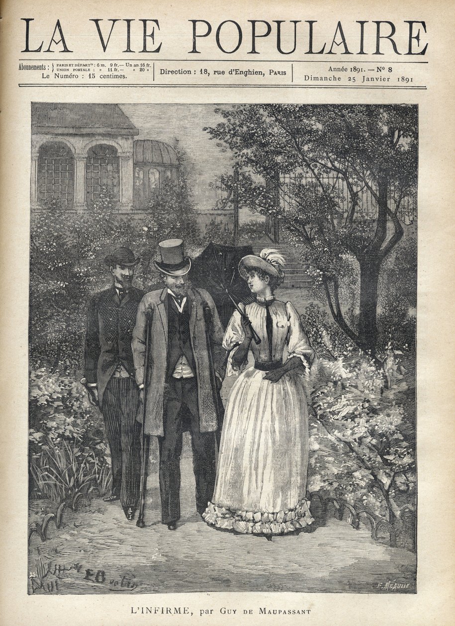 Mies, jolla on bequillejä, kävelee tyylikkään nuoren naisen kanssa puiston kujilla. Toinen mies seuraa heitä. Guy de Maupassantin (1850-1893) kuvitus Fortune Louisista (Fortune-Louis) Meaulle sanalle "" L