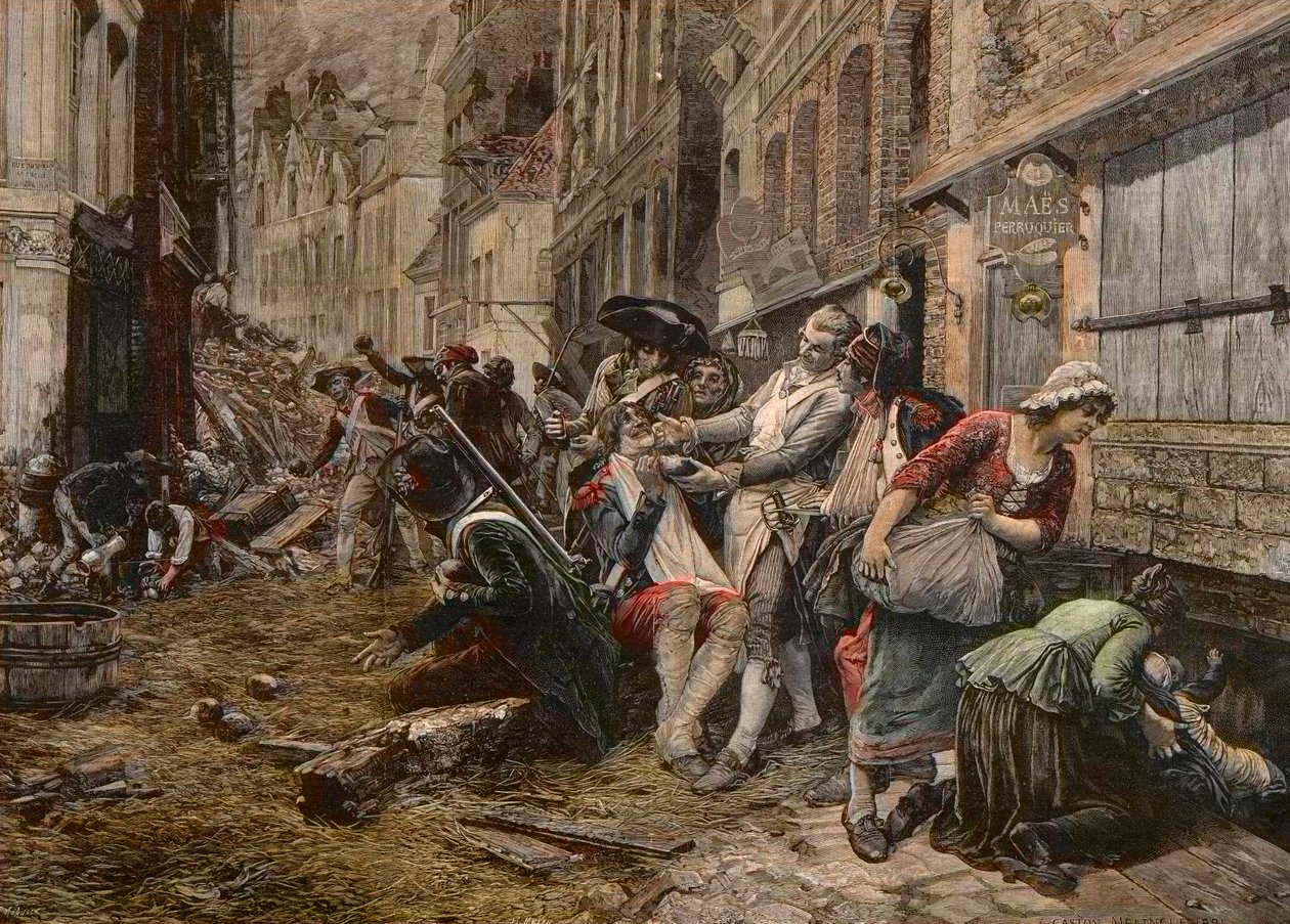 Piiritysjakso Lillessä, lokakuu 1792 - Siege de Lille en 1792: peruukki Maes käyttää pommia partakuorena ajellakseen asiakasta - Meaullen kaiverrus Gaston Melinguen maalauksen jälkeen tekijältä Fortune Louis Meaulle