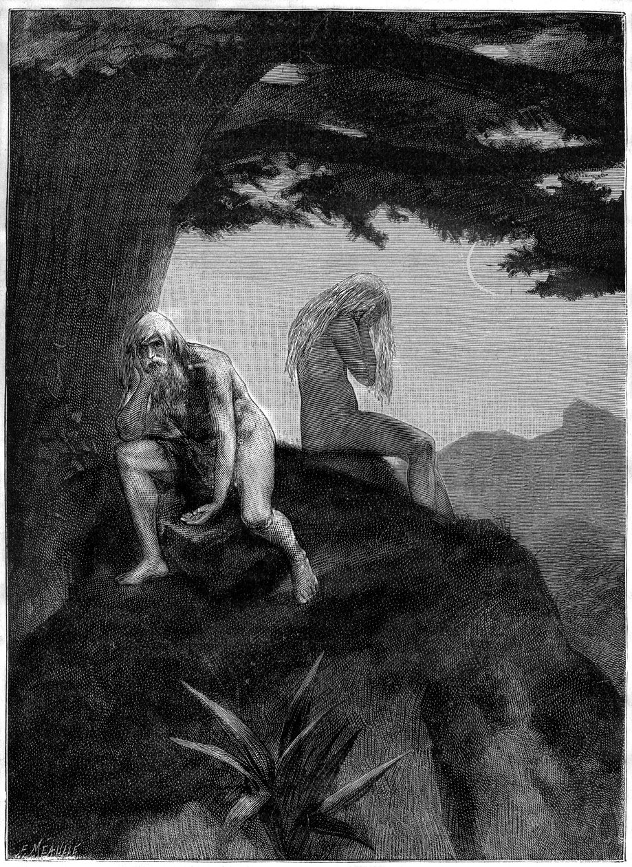 Aatami ja Eeva. Meaullen piirtämät haudat, jotka kuvittavat Victor Hugon runoa "Les misheureux", kokoelmassa "Les contemplations", painos Paul Ollendorff, 1900-luvun alku. tekijältä Fortune Louis Meaulle