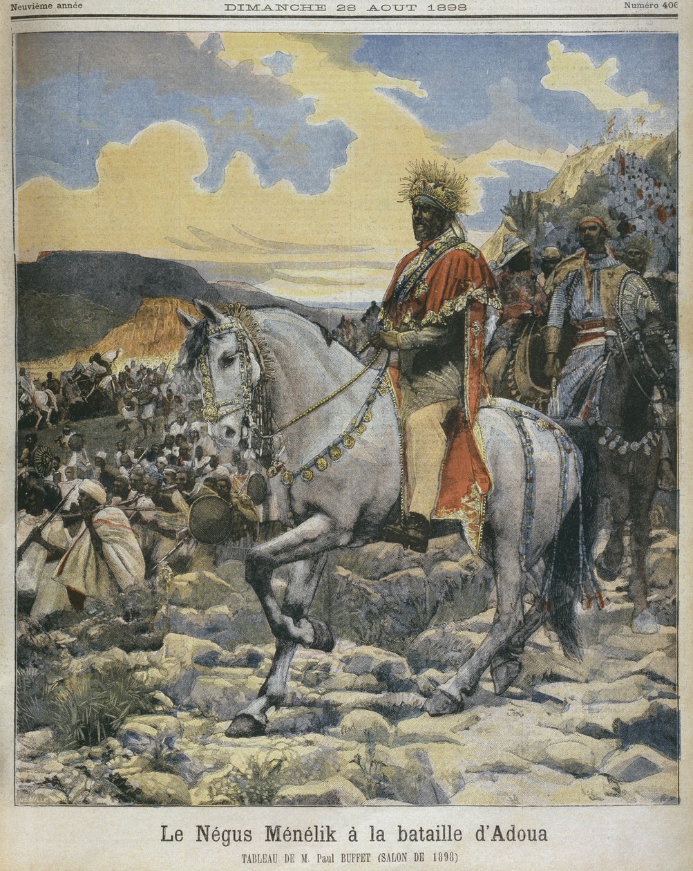 Menelik II (1844-1913) Adowan taistelussa, kuva Le Petit Journalista, 28. elokuuta 1898 (katso myös 287689) tekijältä Fortune Louis Meaulle
