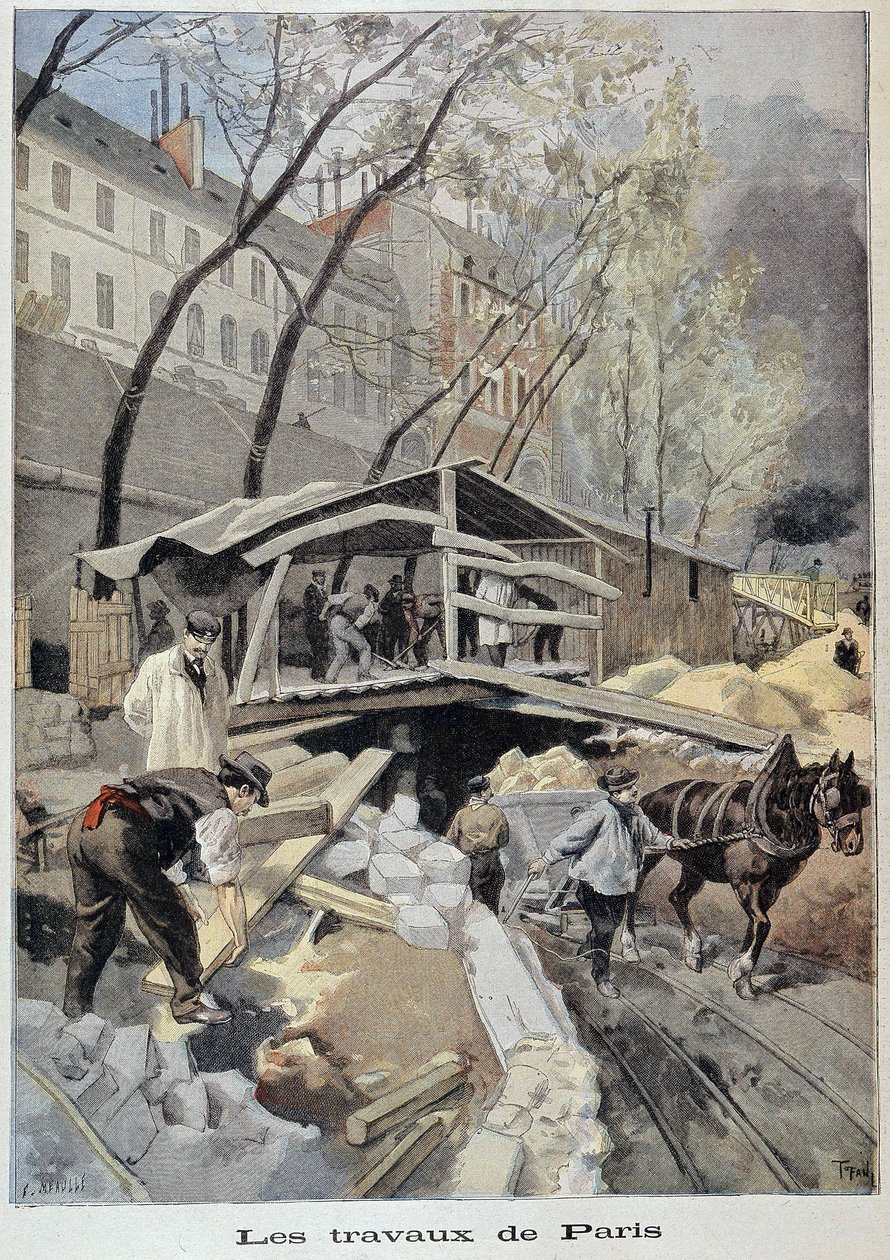 Rakennustyömaa Pariisissa - "" Le petit Journal" -julkaisussa 14.5.1899 tekijältä Fortune Louis Meaulle