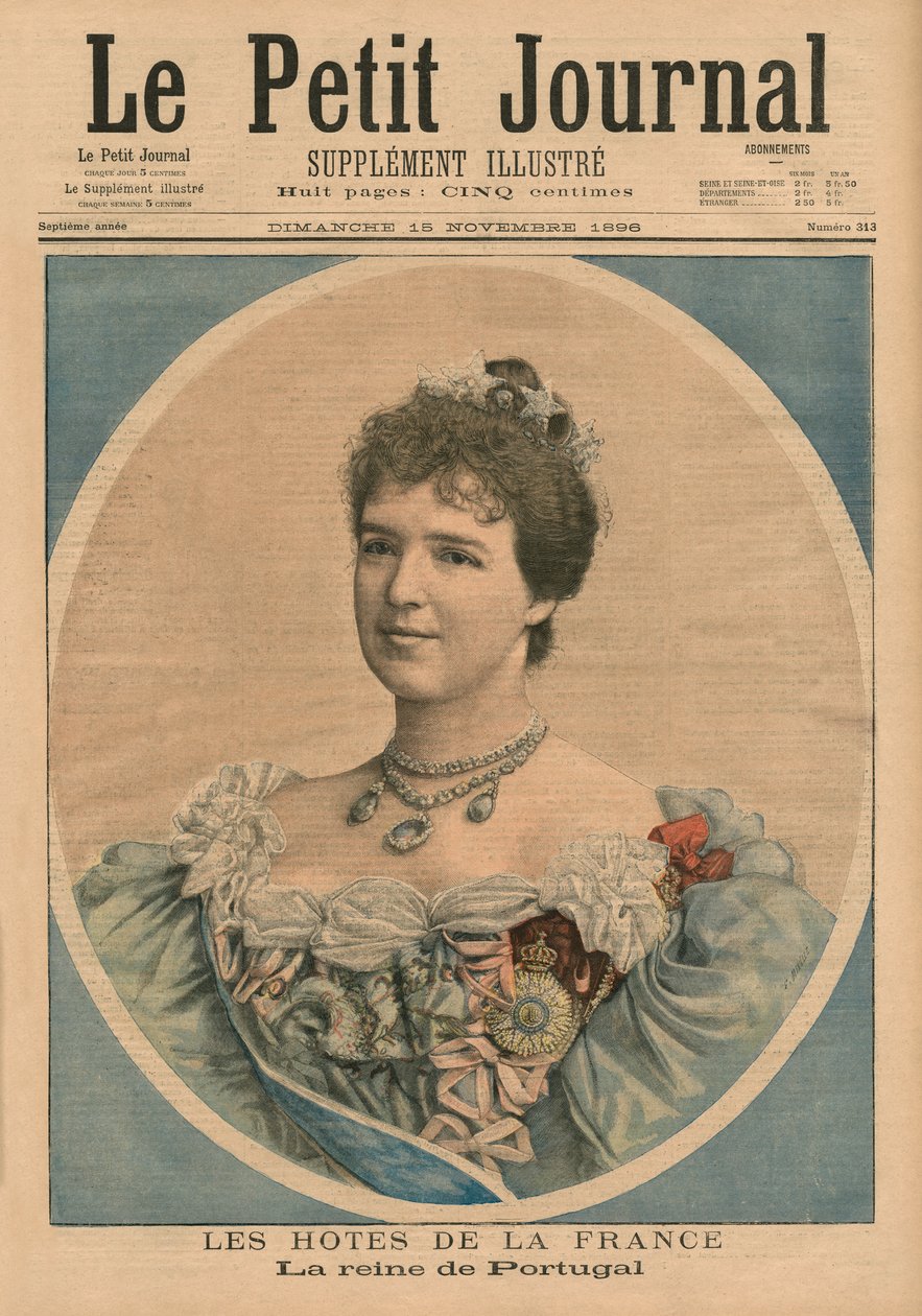 Ranskalaiset isännät, Portugalin kuningatar Amelie (1865-1951) etukannen kuvitus "Le Petit Journalista", liitekuva, 15. marraskuuta 1896 tekijältä Fortune Louis Meaulle